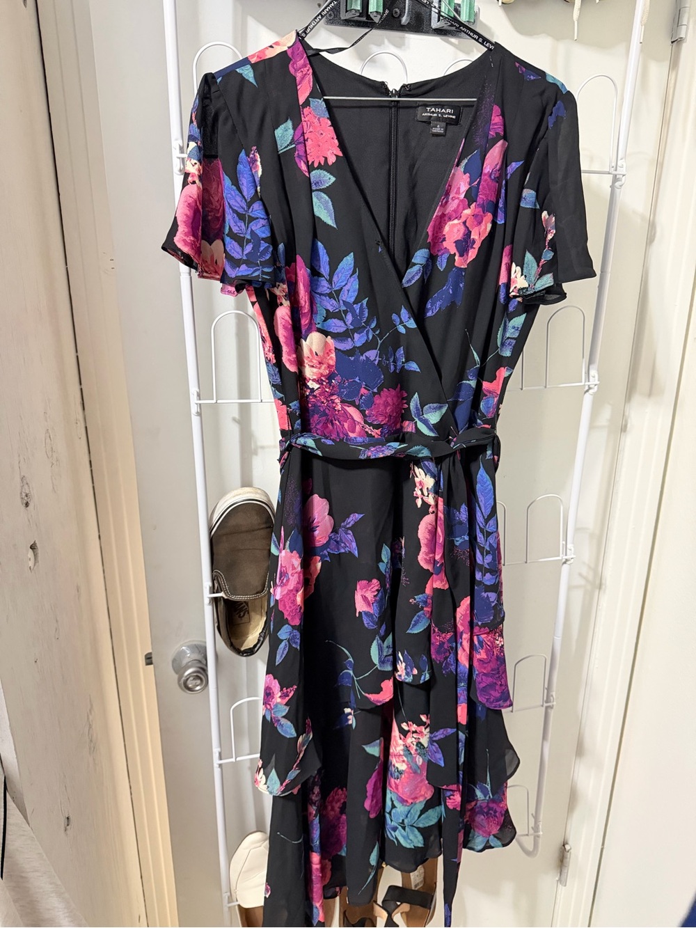 Tahari Black Floral Midi Wrap Dress with Pink & Blue Blooms